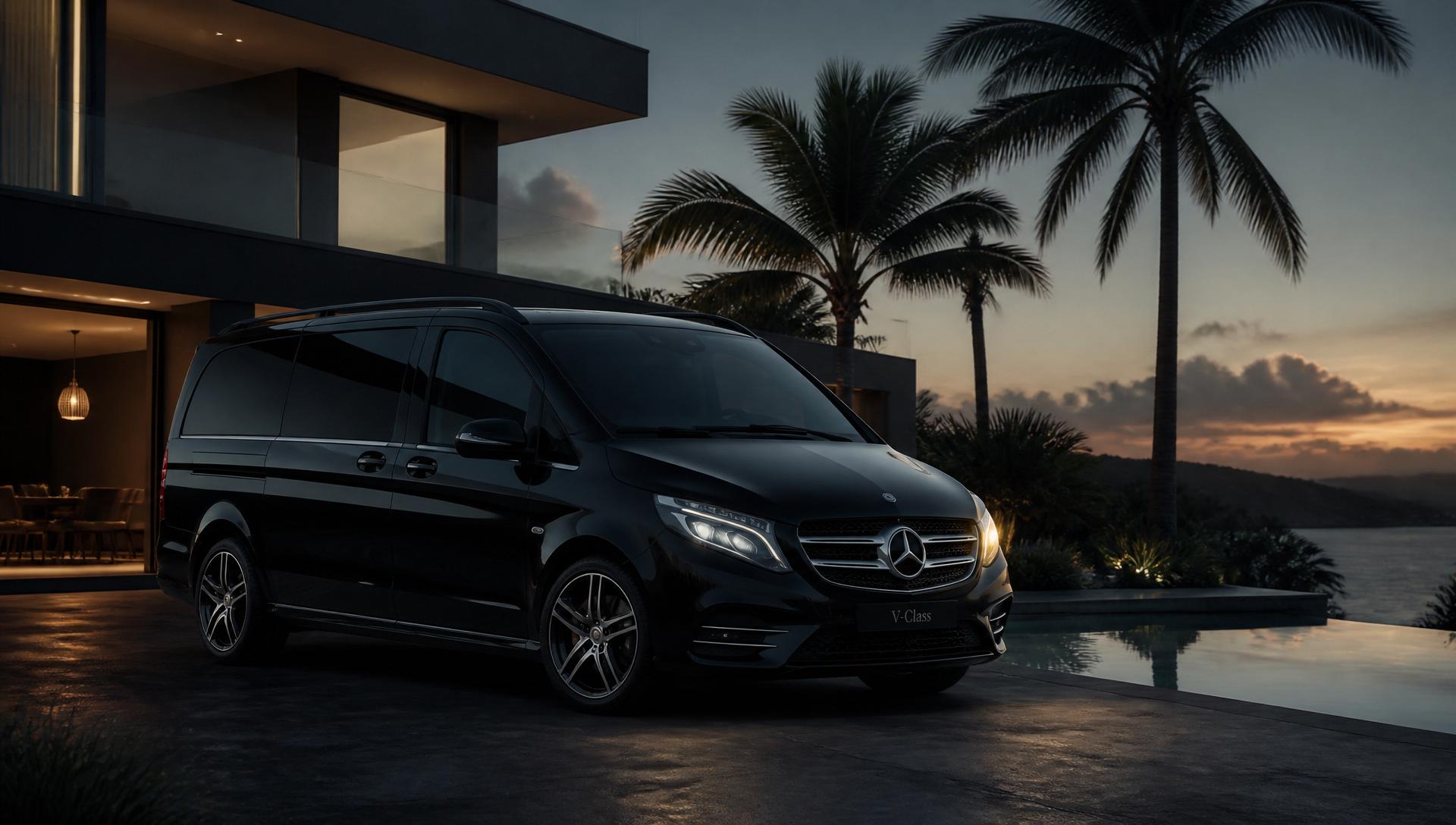 Mercedes Class V noir devant une villa en Guadeloupe